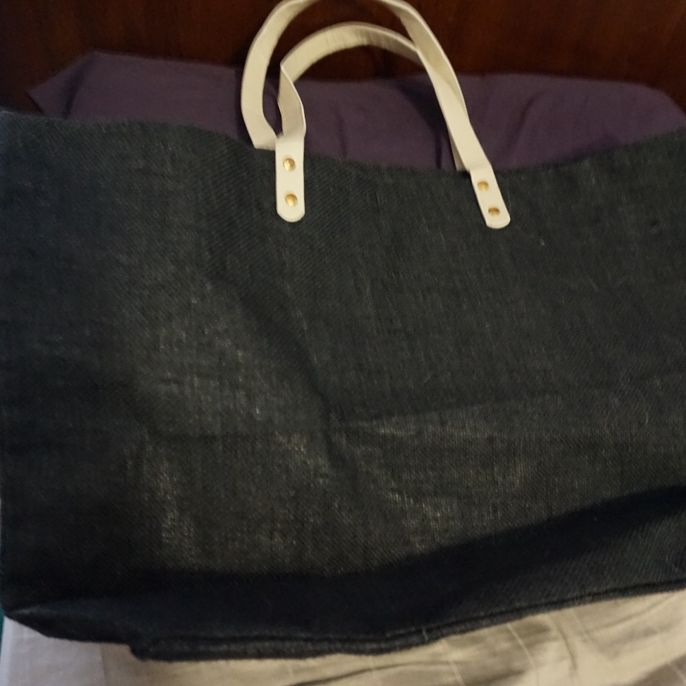 Mudpie Black Jute Burlap Tote Bag - Large